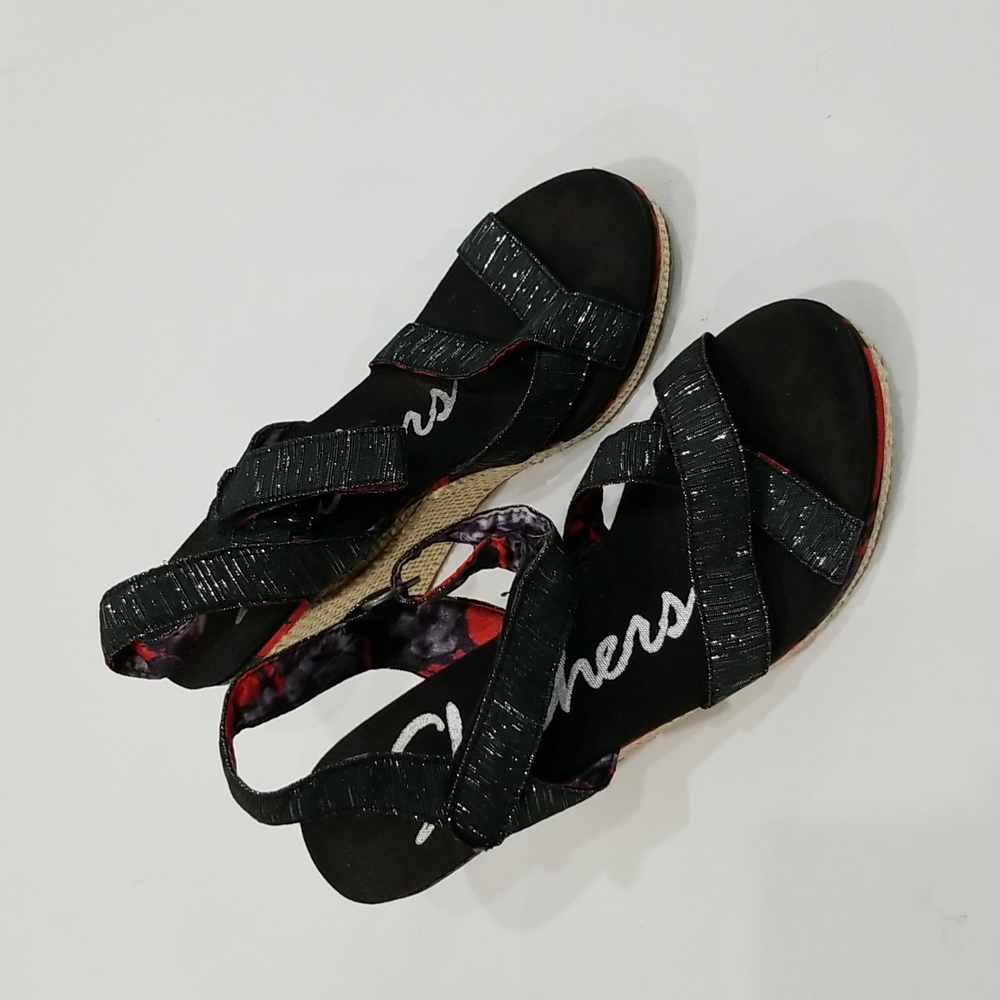 SKECHERS Black Glitter Criss Cross Slingback Strappy Wedge Sandals